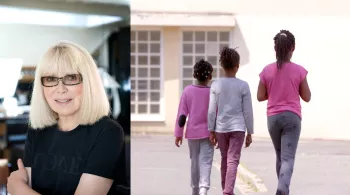 Photo montage de Mireille Darc et de trois fillettes de dos